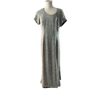 Alfani Green Abstract 100% Silk Short Sleeve Maxi 52”Dress Sz 12 Lined 1/2 Zip